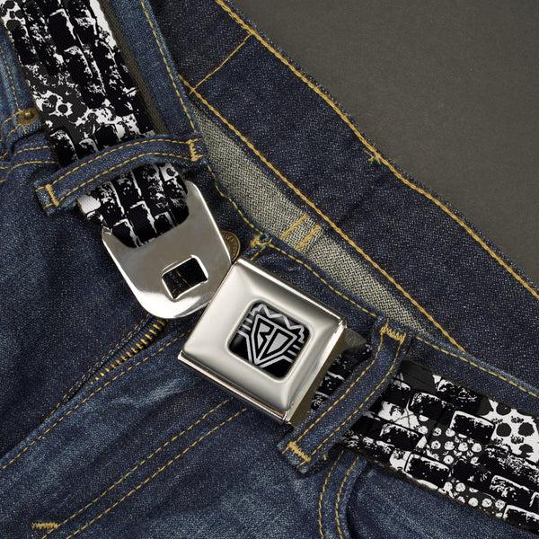 Buckle-Down BD Wings Logo CLOSE-UP Full Color Black Silver Seatbelt Belt - Grunge Bricks Black/White Webbing