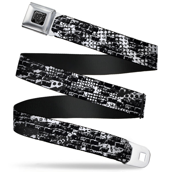 Buckle-Down BD Wings Logo CLOSE-UP Full Color Black Silver Seatbelt Belt - Grunge Bricks Black/White Webbing
