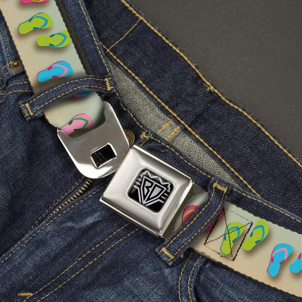 Buckle-Down BD Wings Logo CLOSE-UP Full Color Black Silver Seatbelt Belt - Flip Flops2 Aqua/Multi Color Webbing
