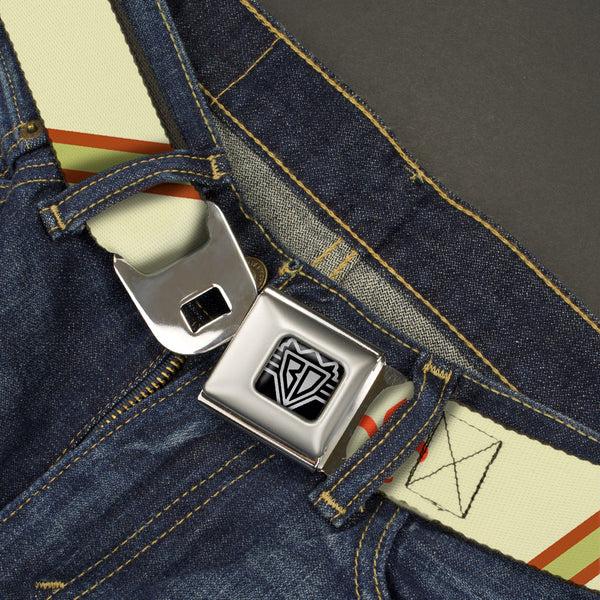 Buckle-Down BD Wings Logo CLOSE-UP Full Color Black Silver Seatbelt Belt - Fleur-de-Lis2 Stripes Tan/Orange/Brown/Green Webbing
