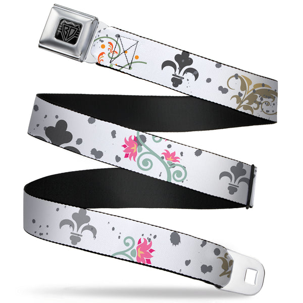 Buckle-Down BD Wings Logo CLOSE-UP Full Color Black Silver Seatbelt Belt - Flower Splatter White/Gray Webbing