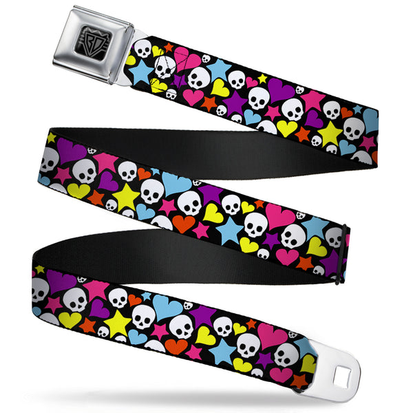 Buckle-Down BD Wings Logo CLOSE-UP Full Color Black Silver Seatbelt Belt - Funky Skulls Hearts & Stars Black/Multi Color Webbing
