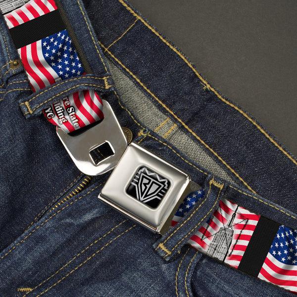 Buckle-Down BD Wings Logo CLOSE-UP Full Color Black Silver Seatbelt Belt - Empire State Building NYC Webbing