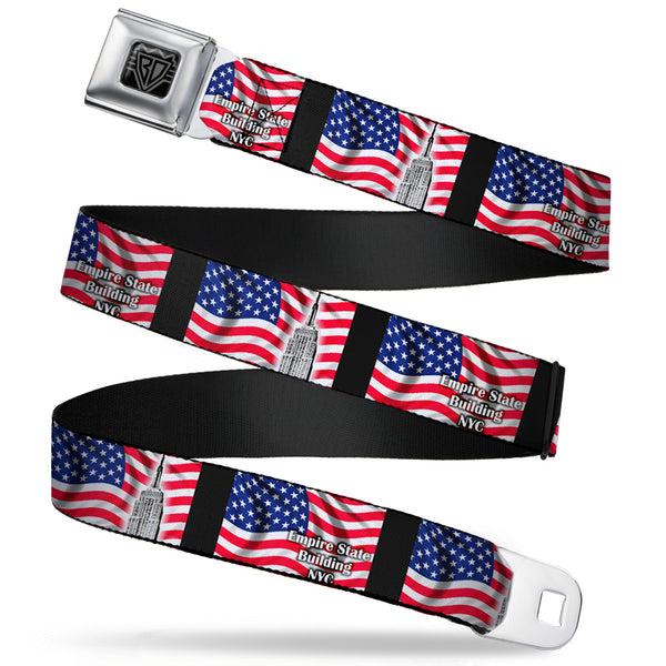 Buckle-Down BD Wings Logo CLOSE-UP Full Color Black Silver Seatbelt Belt - Empire State Building NYC Webbing