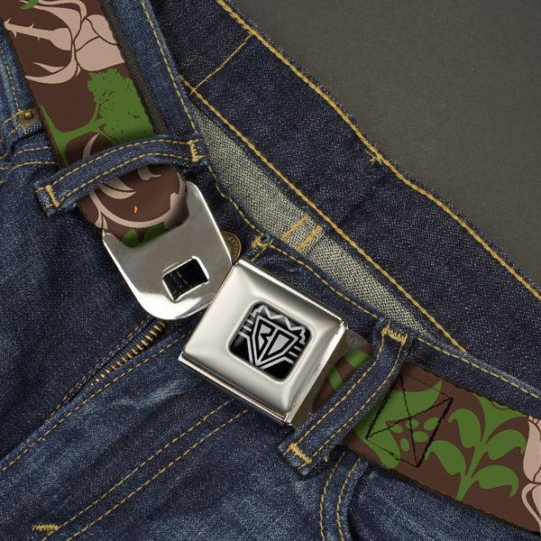 Buckle-Down BD Wings Logo CLOSE-UP Full Color Black Silver Seatbelt Belt - Earthy Brown/Green Webbing