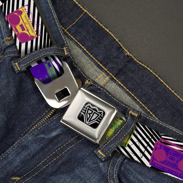 Buckle-Down BD Wings Logo CLOSE-UP Full Color Black Silver Seatbelt Belt - Eighties Boomboxes Webbing