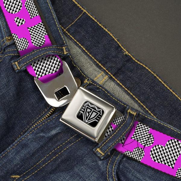Buckle-Down BD Wings Logo CLOSE-UP Full Color Black Silver Seatbelt Belt - Eighties Hearts Fuchsia/Black/White Webbing