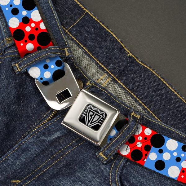 Buckle-Down BD Wings Logo CLOSE-UP Full Color Black Silver Seatbelt Belt - Dot Blocks Blue/Red/Black/White Webbing