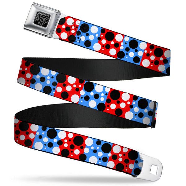 Buckle-Down BD Wings Logo CLOSE-UP Full Color Black Silver Seatbelt Belt - Dot Blocks Blue/Red/Black/White Webbing