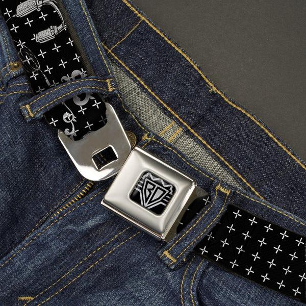 Buckle-Down BD Wings Logo CLOSE-UP Full Color Black Silver Seatbelt Belt - DJ Skulls Black/Gray Webbing