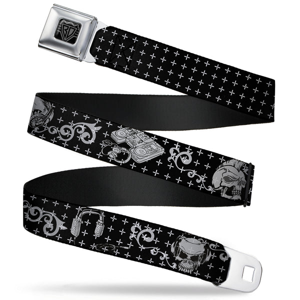 Buckle-Down BD Wings Logo CLOSE-UP Full Color Black Silver Seatbelt Belt - DJ Skulls Black/Gray Webbing
