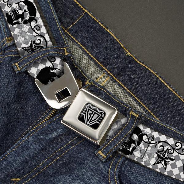 Buckle-Down BD Wings Logo CLOSE-UP Full Color Black Silver Seatbelt Belt - Diamonds White/Gray W/Skulls Webbing