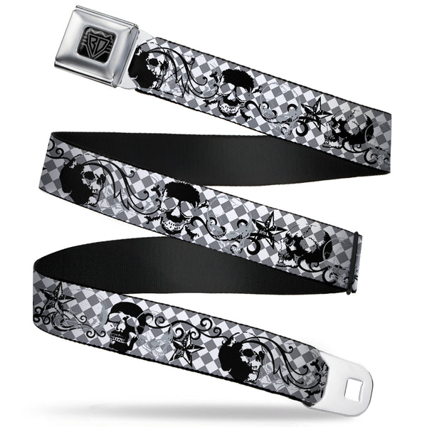 Buckle-Down BD Wings Logo CLOSE-UP Full Color Black Silver Seatbelt Belt - Diamonds White/Gray w/Skulls Webbing