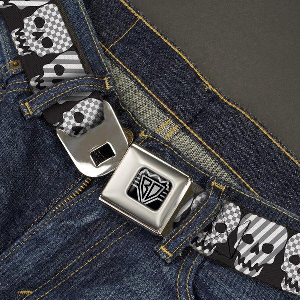 Buckle-Down BD Wings Logo CLOSE-UP Full Color Black Silver Seatbelt Belt - Checker & Stripe Skulls Black/White/Gray Webbing