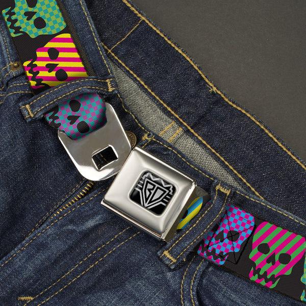 Buckle-Down BD Wings Logo CLOSE-UP Full Color Black Silver Seatbelt Belt - Checker & Stripe Skulls Black/Multi Neon Webbing