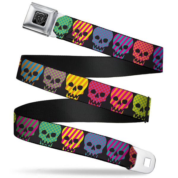 Buckle-Down BD Wings Logo CLOSE-UP Full Color Black Silver Seatbelt Belt - Checker & Stripe Skulls Black/Multi Neon Webbing