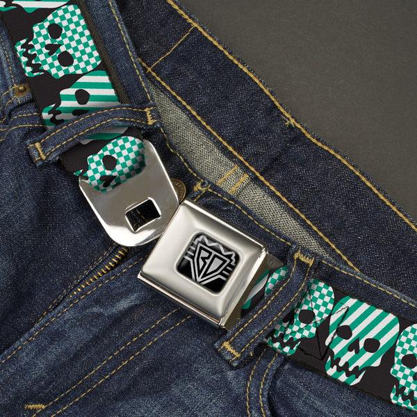 Buckle-Down BD Wings Logo CLOSE-UP Full Color Black Silver Seatbelt Belt - Checker & Stripe Skulls Black/White/Green Webbing