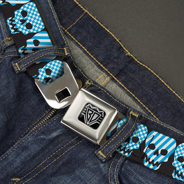 Buckle-Down BD Wings Logo CLOSE-UP Full Color Black Silver Seatbelt Belt - Checker & Stripe Skulls Black/White/Baby Blue Webbing