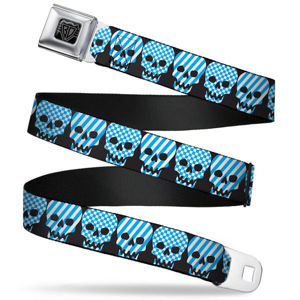 Buckle-Down BD Wings Logo CLOSE-UP Full Color Black Silver Seatbelt Belt - Checker & Stripe Skulls Black/White/Baby Blue Webbing