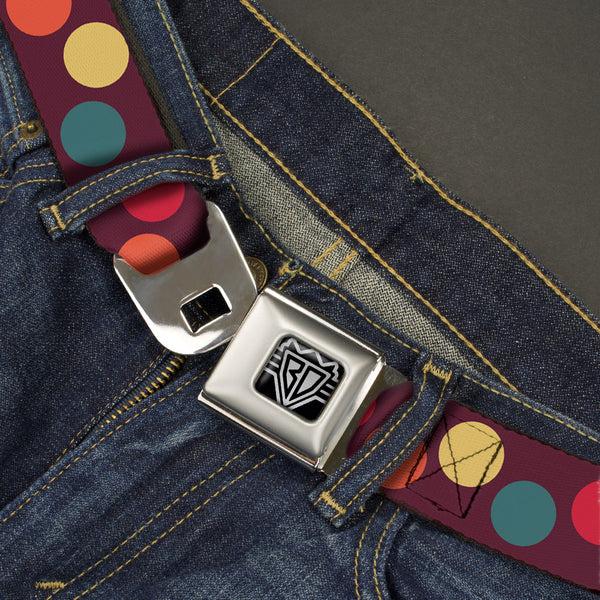 Buckle-Down BD Wings Logo CLOSE-UP Full Color Black Silver Seatbelt Belt - Big Dots Purple/Multi Pastel Webbing