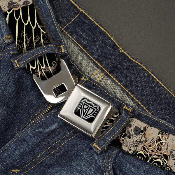 Buckle-Down BD Wings Logo CLOSE-UP Full Color Black Silver Seatbelt Belt - BD Die Hard Skull 02 Webbing