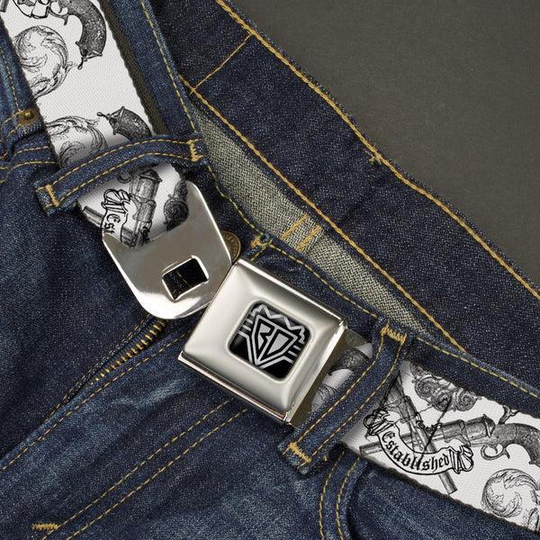 Buckle-Down BD Wings Logo CLOSE-UP Full Color Black Silver Seatbelt Belt - BD Est. 93 White Webbing