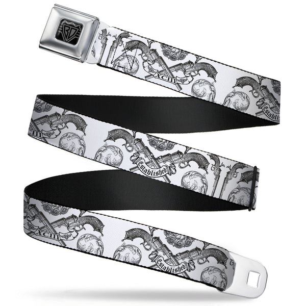 Buckle-Down BD Wings Logo CLOSE-UP Full Color Black Silver Seatbelt Belt - BD Est. 93 White Webbing