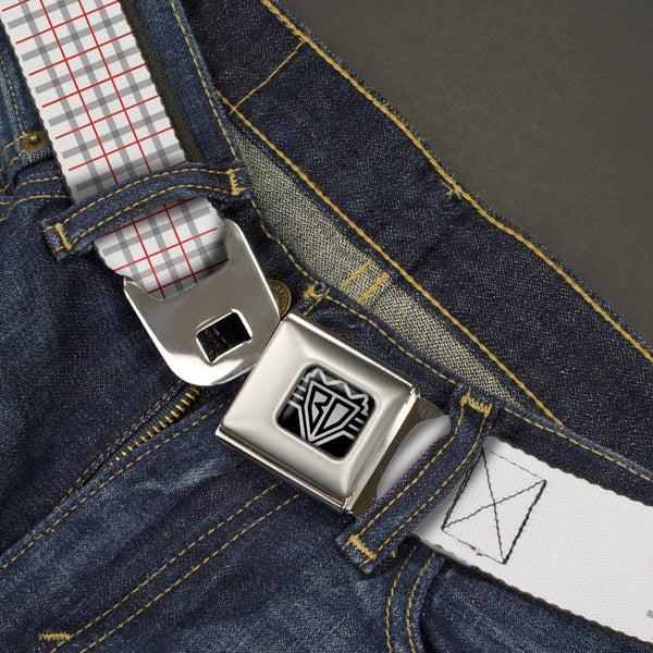 Buckle-Down BD Wings Logo CLOSE-UP Full Color Black Silver Seatbelt Belt - BD Plaid White/Gray/Red Webbing
