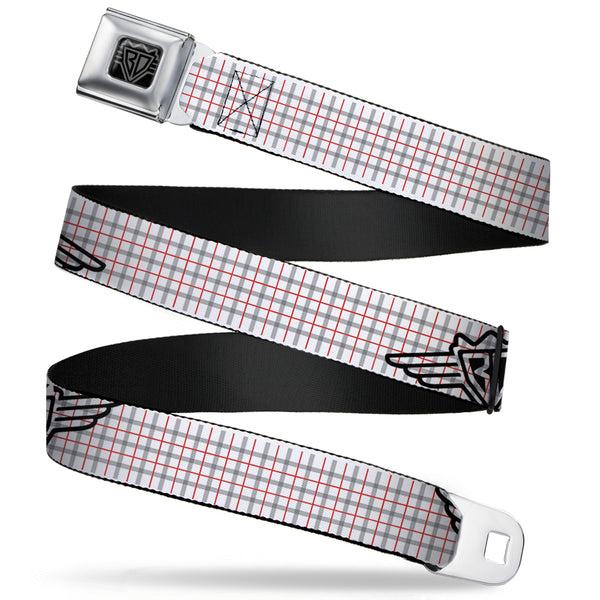 Buckle-Down BD Wings Logo CLOSE-UP Full Color Black Silver Seatbelt Belt - BD Plaid White/Gray/Red Webbing