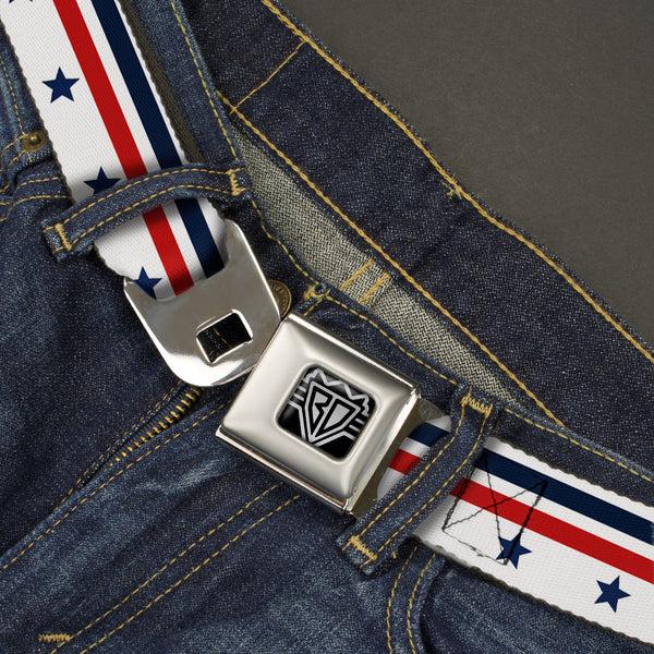 Buckle-Down BD Wings Logo CLOSE-UP Full Color Black Silver Seatbelt Belt - Americana Stars & Stripes5 White/Blue/Red Webbing