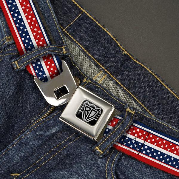 Buckle-Down BD Wings Logo CLOSE-UP Full Color Black Silver Seatbelt Belt - Americana Stripe W/Mini Stars Blue/Red/White Webbing