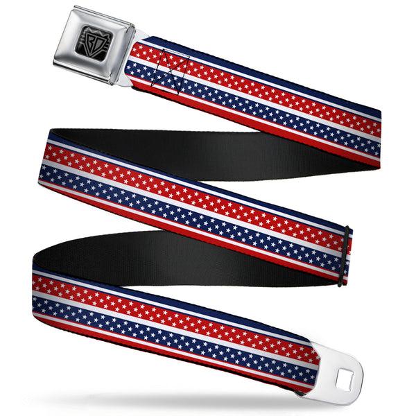 Buckle-Down BD Wings Logo CLOSE-UP Full Color Black Silver Seatbelt Belt - Americana Stripe w/Mini Stars Blue/Red/White Webbing