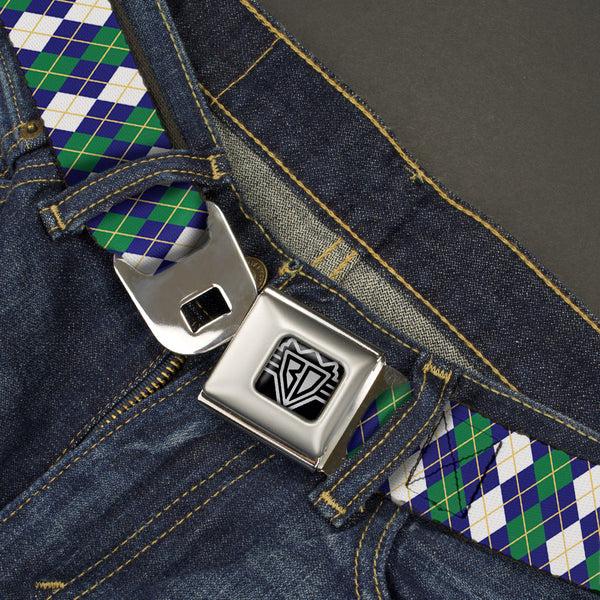 Buckle-Down BD Wings Logo CLOSE-UP Full Color Black Silver Seatbelt Belt - Argyle Navy/Green/White/Gold Webbing