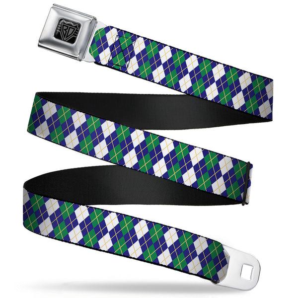 Buckle-Down BD Wings Logo CLOSE-UP Full Color Black Silver Seatbelt Belt - Argyle Navy/Green/White/Gold Webbing