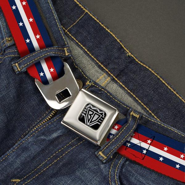 Buckle-Down BD Wings Logo CLOSE-UP Full Color Black Silver Seatbelt Belt - Americana Stripe W/Stars Blue/Red/White Webbing