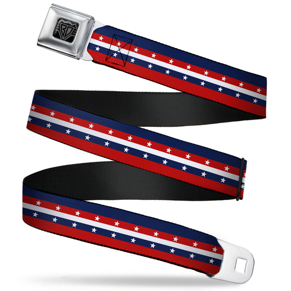 Buckle-Down BD Wings Logo CLOSE-UP Full Color Black Silver Seatbelt Belt - Americana Stripe w/Stars Blue/Red/White Webbing