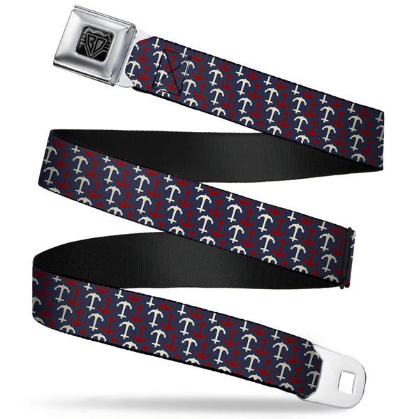 Buckle-Down BD Wings Logo CLOSE-UP Full Color Black Silver Seatbelt Belt - Anchor3 Flip Navy/Red/Cream Webbing