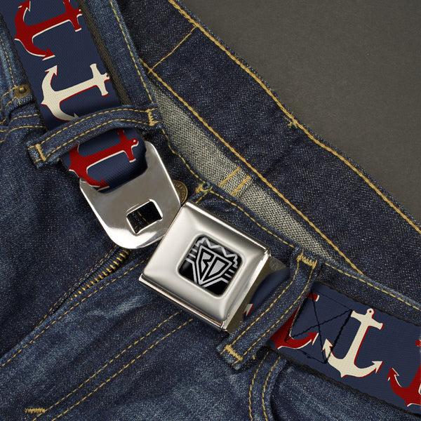 Buckle-Down BD Wings Logo CLOSE-UP Full Color Black Silver Seatbelt Belt - Anchor3 CLOSE-UP Navy/Red/Cream Webbing