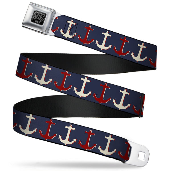 Buckle-Down BD Wings Logo CLOSE-UP Full Color Black Silver Seatbelt Belt - Anchor3 CLOSE-UP Navy/Red/Cream Webbing