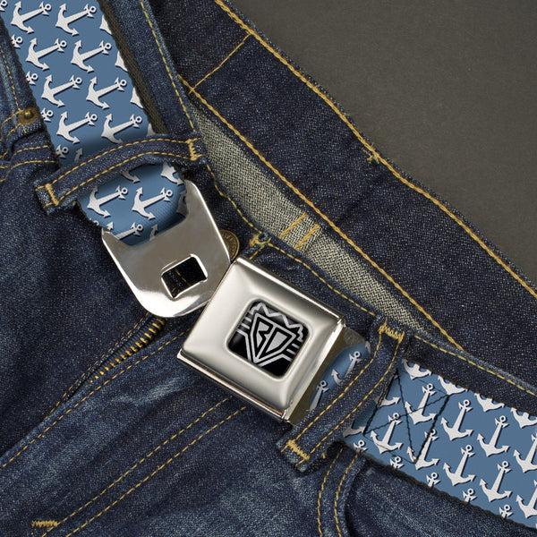 Buckle-Down BD Wings Logo CLOSE-UP Full Color Black Silver Seatbelt Belt - Anchor2 Monogram Baby Blue/Navy/White Webbing