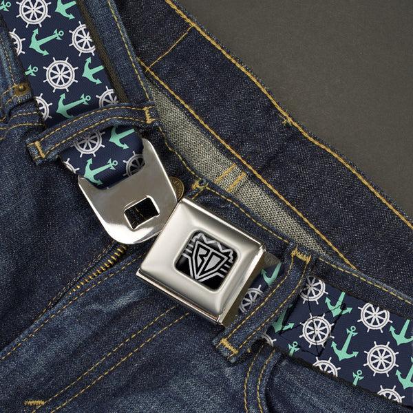 Buckle-Down BD Wings Logo CLOSE-UP Full Color Black Silver Seatbelt Belt - Anchor2/Helm Monogram Navy/Turquoise/White Webbing