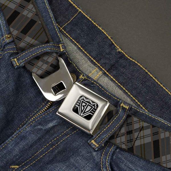 Buckle-Down BD Wings Logo CLOSE-UP Full Color Black Silver Seatbelt Belt - Plaid Gray/Black/Brown Webbing