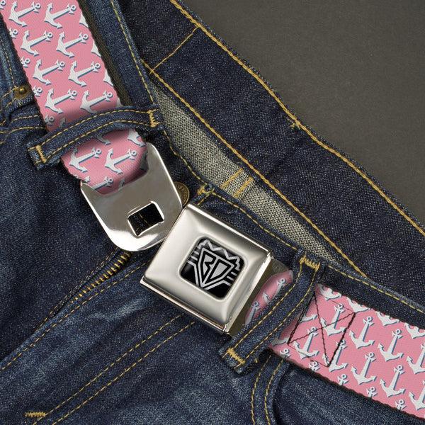 Buckle-Down BD Wings Logo CLOSE-UP Full Color Black Silver Seatbelt Belt - Anchor2 Monogram Baby Pink/Baby Blue/White Webbing