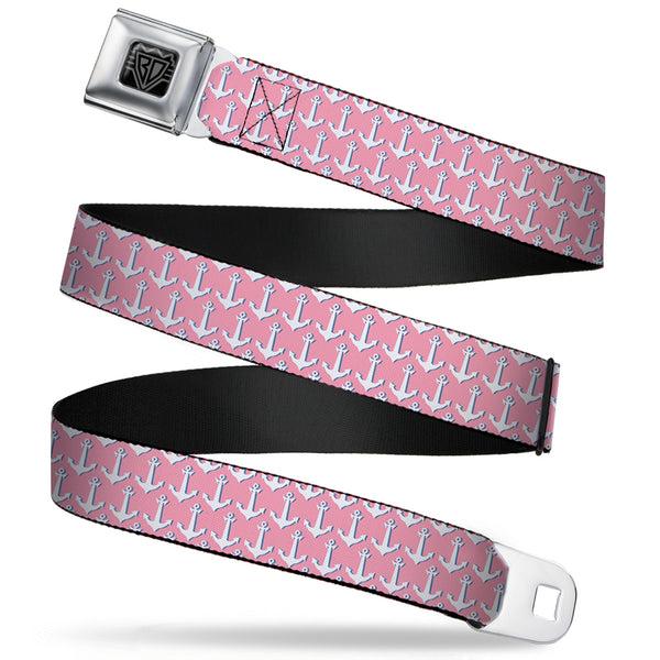 Buckle-Down BD Wings Logo CLOSE-UP Full Color Black Silver Seatbelt Belt - Anchor2 Monogram Baby Pink/Baby Blue/White Webbing