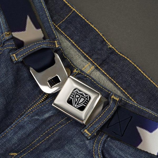 Buckle-Down BD Wings Logo CLOSE-UP Full Color Black Silver Seatbelt Belt - American Flag Vivid Stars CLOSE-UP Blue/White Webbing