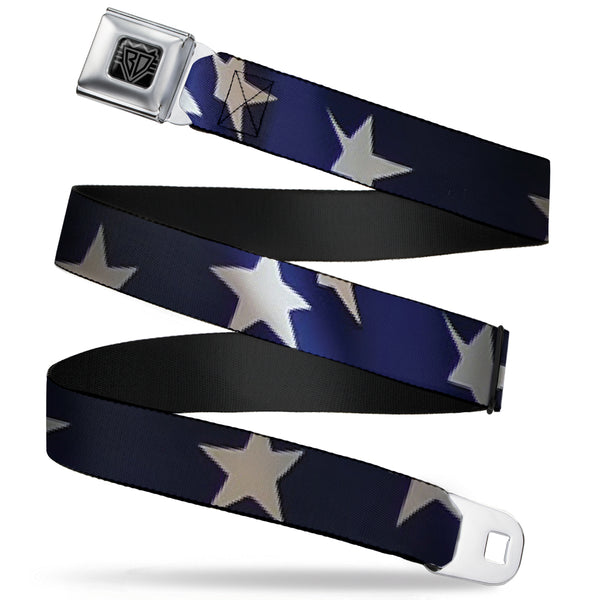 Buckle-Down BD Wings Logo CLOSE-UP Full Color Black Silver Seatbelt Belt - American Flag Vivid Stars CLOSE-UP Blue/White Webbing