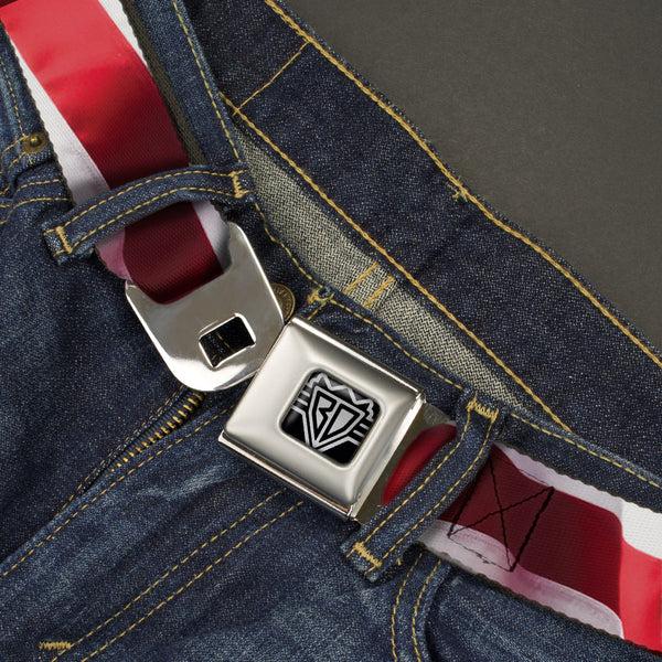Buckle-Down BD Wings Logo CLOSE-UP Full Color Black Silver Seatbelt Belt - American Flag Vivid Stripes CLOSE-UP Red/White Webbing