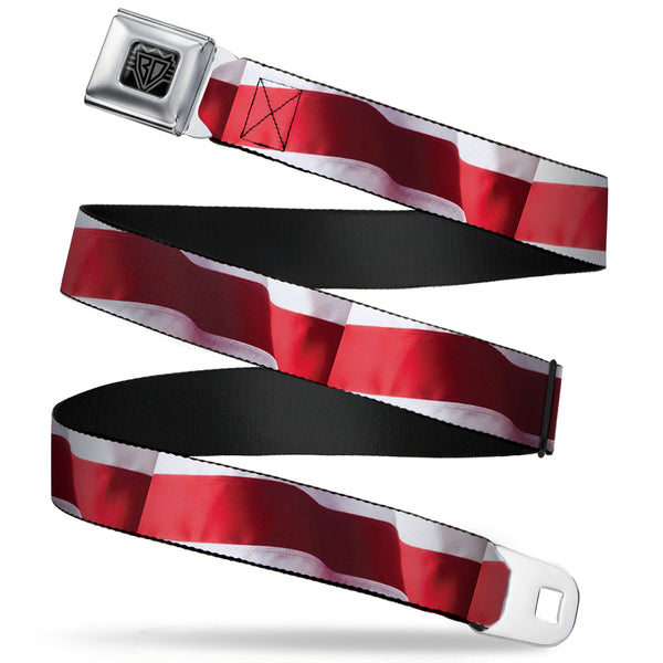 Buckle-Down BD Wings Logo CLOSE-UP Full Color Black Silver Seatbelt Belt - American Flag Vivid Stripes CLOSE-UP Red/White Webbing