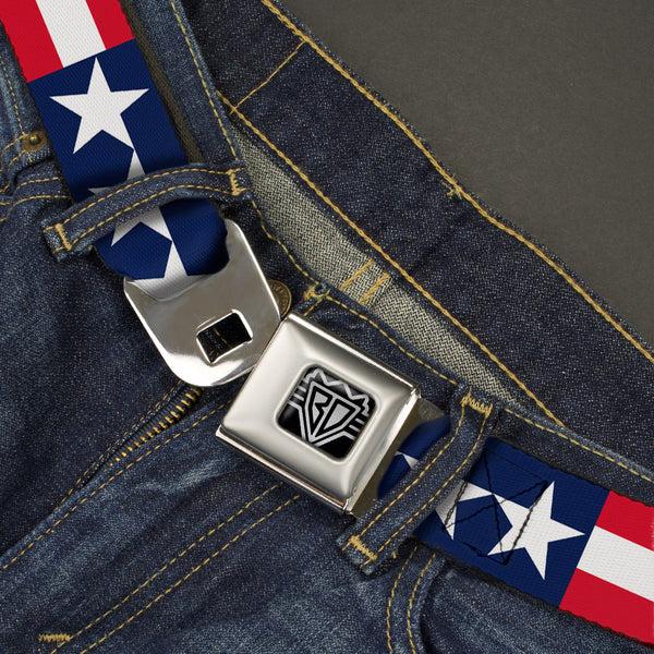 Buckle-Down BD Wings Logo CLOSE-UP Full Color Black Silver Seatbelt Belt - Americana Stars & Stripes Webbing