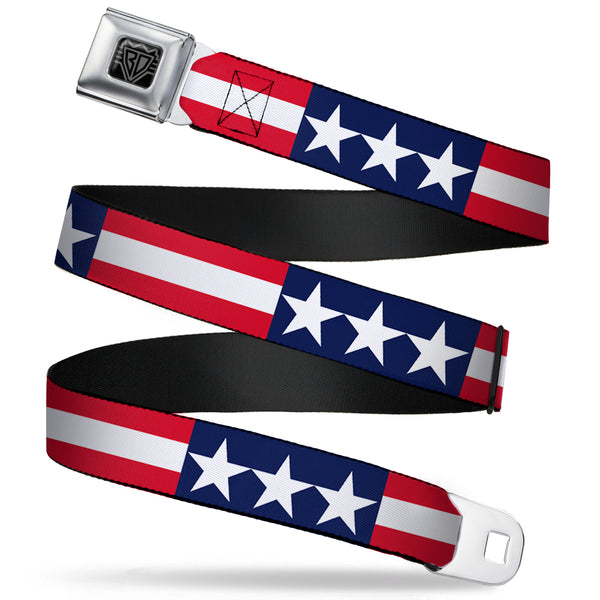 Buckle-Down BD Wings Logo CLOSE-UP Full Color Black Silver Seatbelt Belt - Americana Stars & Stripes Webbing